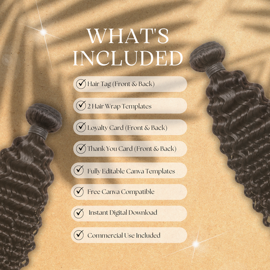 Luxury Hair Packaging Kit | Editable Canva Hair Tags, Hair Wraps & Customer Cards