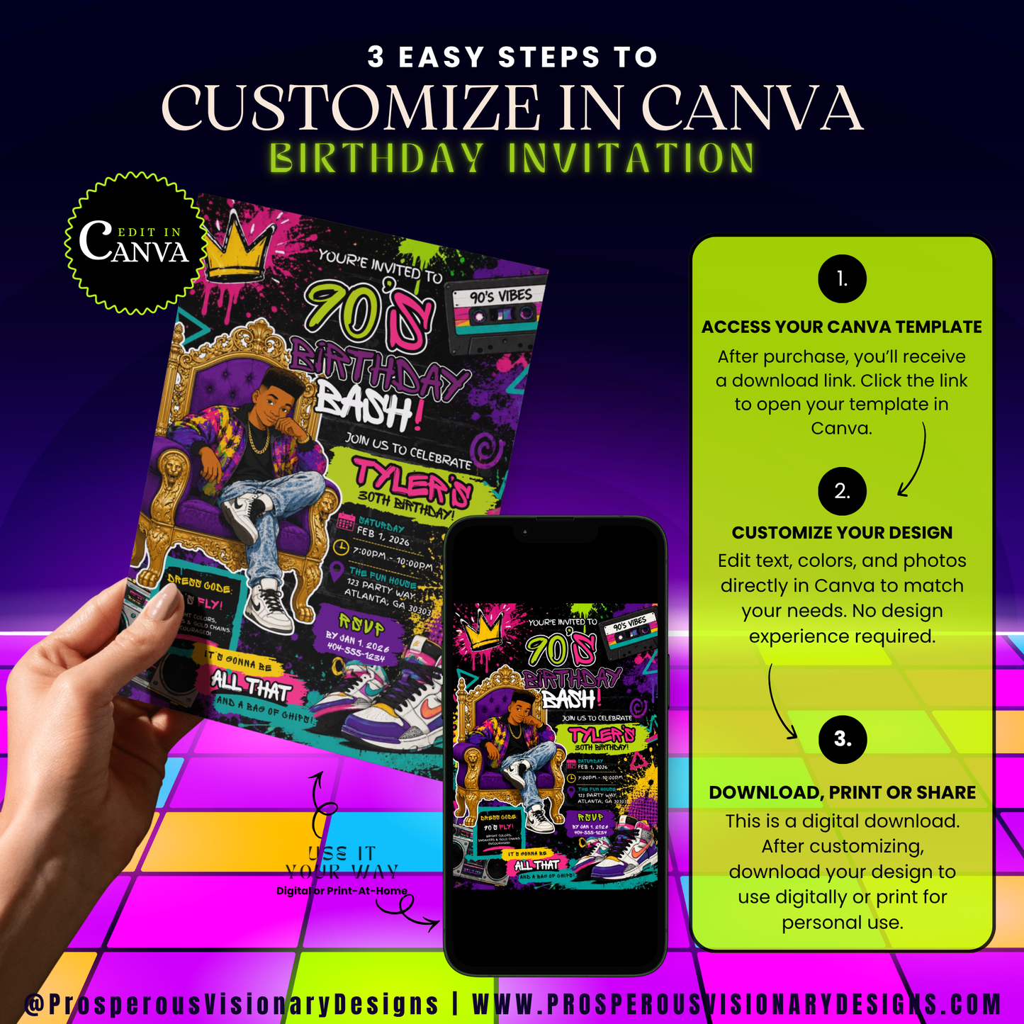 Fresh Vibes 90s Birthday Invitation | Editable Canva Template