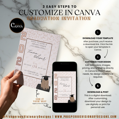 Blush & Bronze Minimal Grad – Graduation Invitation Template | Edit in Canva