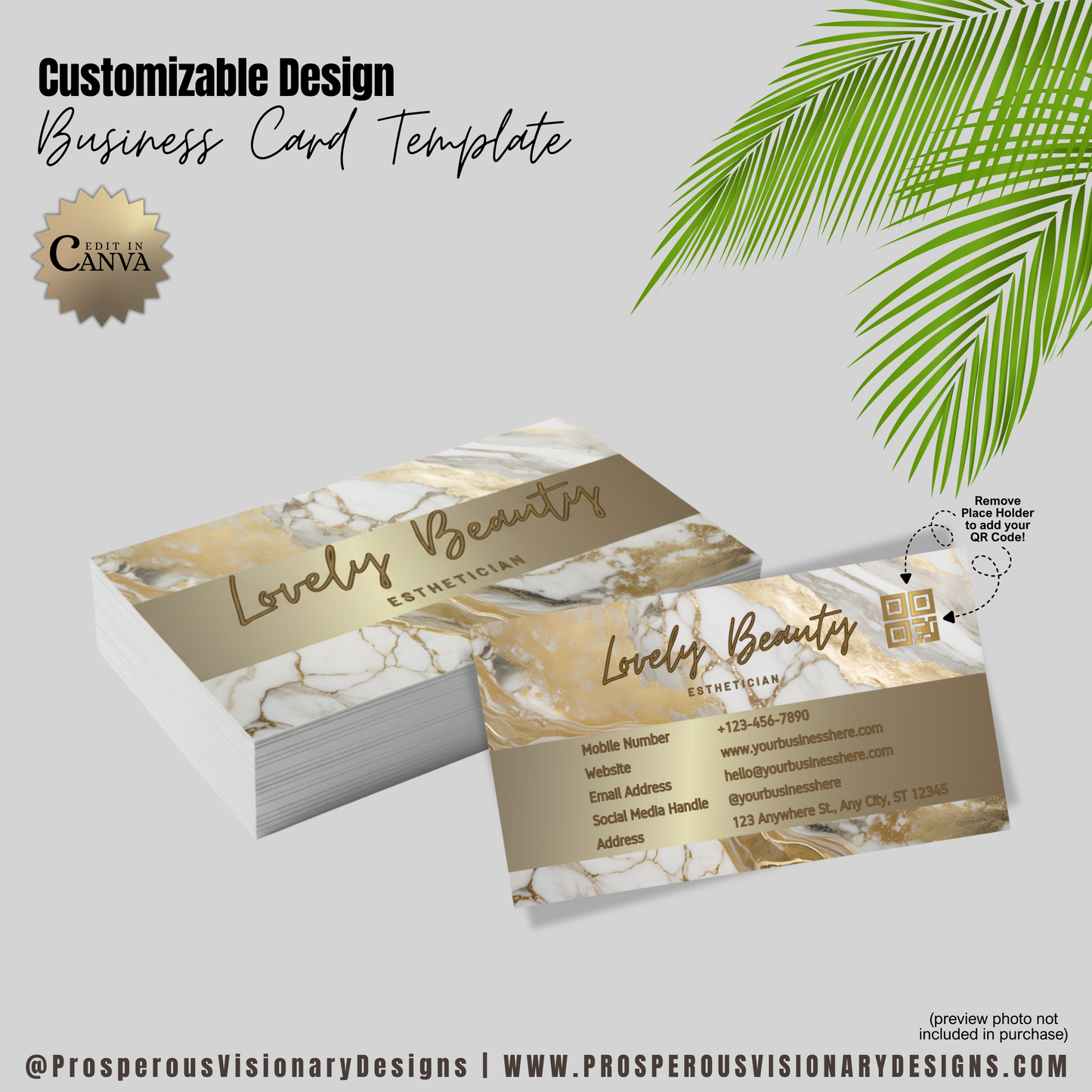 Luxury Marble Gold Business Card Template – Editable in Canva | QR Code Place holder