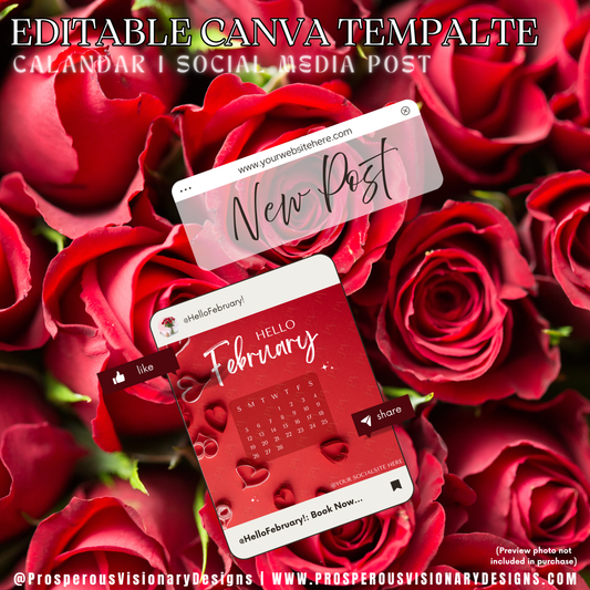 Hello February – Valentine Aesthetic Social Media Calendar Template (Canva Editable)