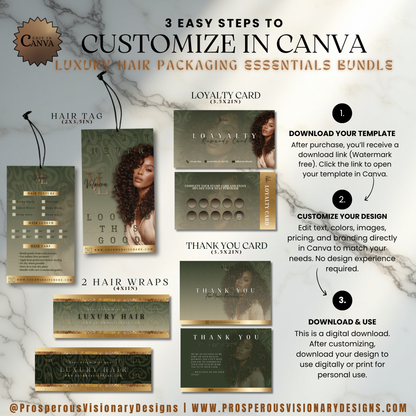 Luxury Hair Packaging Kit | Editable Canva Hair Tags, Hair Wraps & Customer Cards