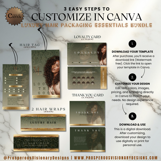 Luxury Hair Packaging Kit | Editable Canva Hair Tags, Hair Wraps & Customer Cards