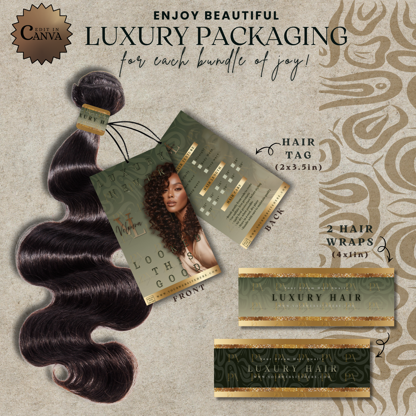 Luxury Hair Packaging Kit | Editable Canva Hair Tags, Hair Wraps & Customer Cards