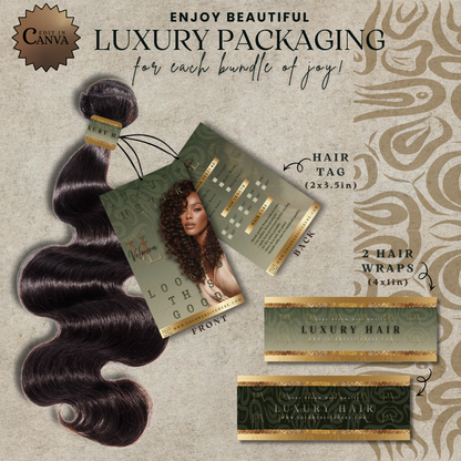 Luxury Hair Packaging Kit | Editable Canva Hair Tags, Hair Wraps & Customer Cards