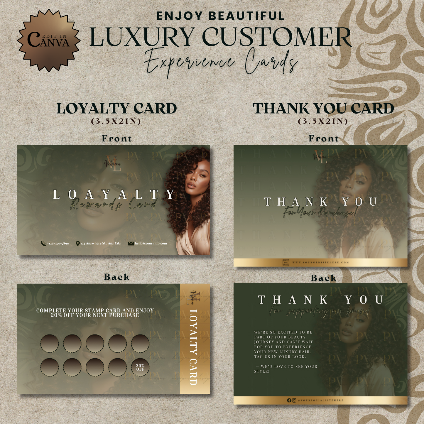 Luxury Hair Packaging Kit | Editable Canva Hair Tags, Hair Wraps & Customer Cards