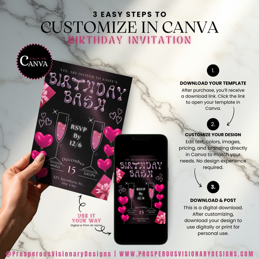 Pink & Metallic Luxe Birthday Invitation Template | Edit in Canva